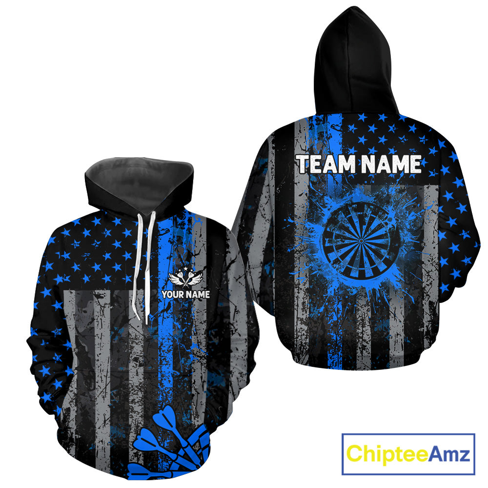 Custom Blue Grunge US Flag Darts Hoodie Shirt For Men Women Custom Patriotic Darts Team Jersey TDM2184