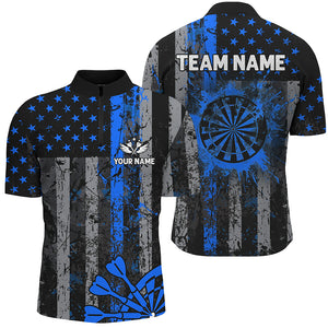 Custom Blue Grunge US Flag Patriotic Darts Shirt For Men, Retro Darts Board Darts Team Jerseys TDM2184