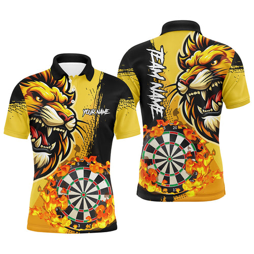 Yellow Funny Darts Flame Lion Custom Polo & Quarter-Zip, Personalized Men Dart Shirts Dart Jerseys TDM2694