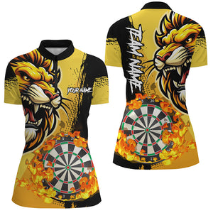 Yellow Funny Darts Flame Lion Custom Polo & Quarter-Zip, Personalized Women Dart Shirts Dart Jerseys TDM2694