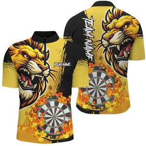 Yellow Funny Darts Flame Lion Custom Polo & Quarter-Zip, Personalized Men Dart Shirts Dart Jerseys TDM2694