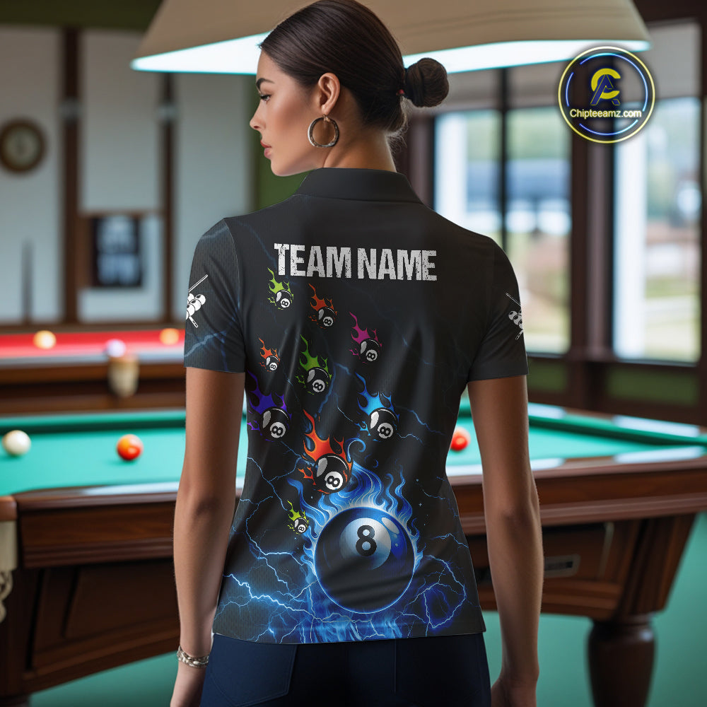 Personalized Funny Colorful Fire Flame 8 Ball Billiard Shirt For Women Custom Pool Team Jersey |Blue TDM4967