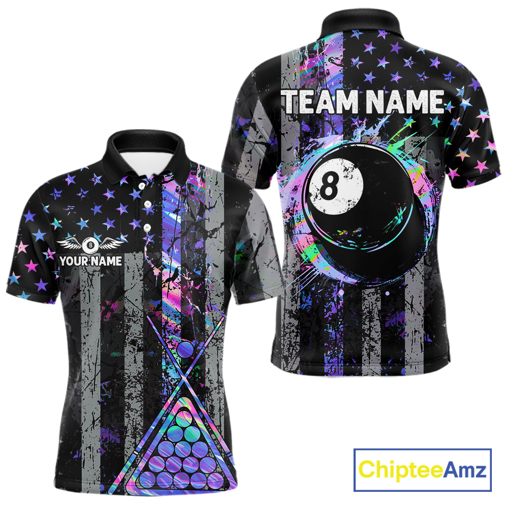 Custom Holographic Grunge US Flag Patriotic Billiard Shirt For Men Retro 8 Ball Pool Team Jersey TDM7810