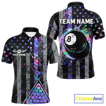 Custom Holographic Grunge US Flag Patriotic Billiard Shirt For Men Retro 8 Ball Pool Team Jersey TDM7810