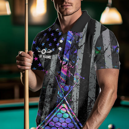 Custom Holographic Grunge US Flag Patriotic Billiard Shirt For Men Retro 8 Ball Pool Team Jersey TDM7810