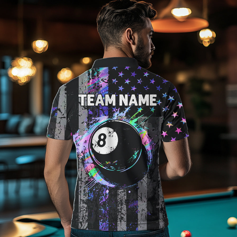 Custom Holographic Grunge US Flag Patriotic Billiard Shirt For Men Retro 8 Ball Pool Team Jersey TDM7810