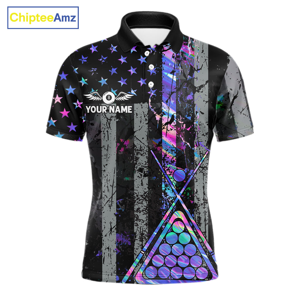 Custom Holographic Grunge US Flag Patriotic Billiard Shirt For Men Retro 8 Ball Pool Team Jersey TDM7810
