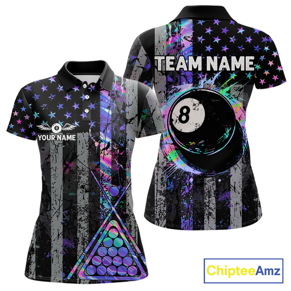Custom Holographic Grunge US Flag Patriotic Billiard Shirt For Women Retro 8 Ball Pool Team Jersey TDM7810