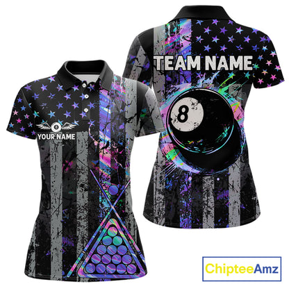 Custom Holographic Grunge US Flag Patriotic Billiard Shirt For Women Retro 8 Ball Pool Team Jersey TDM7810