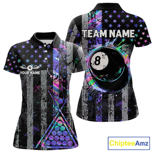 Custom Holographic Grunge US Flag Patriotic Billiard Shirt For Women Retro 8 Ball Pool Team Jersey TDM7810