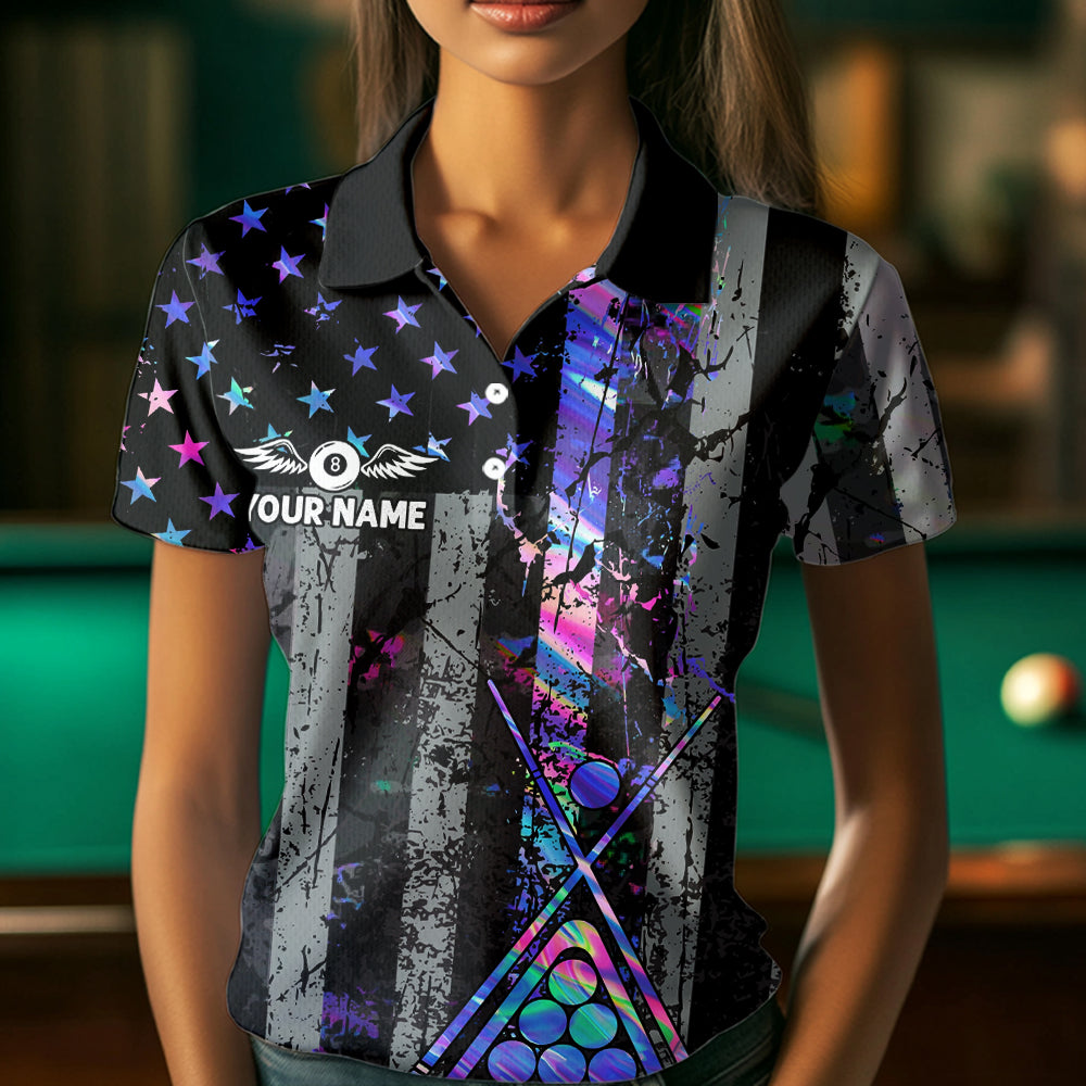 Custom Holographic Grunge US Flag Patriotic Billiard Shirt For Women Retro 8 Ball Pool Team Jersey TDM7810