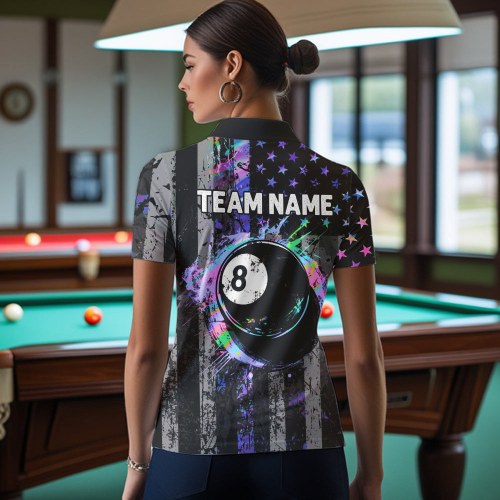 Custom Holographic Grunge US Flag Patriotic Billiard Shirt For Women Retro 8 Ball Pool Team Jersey TDM7810