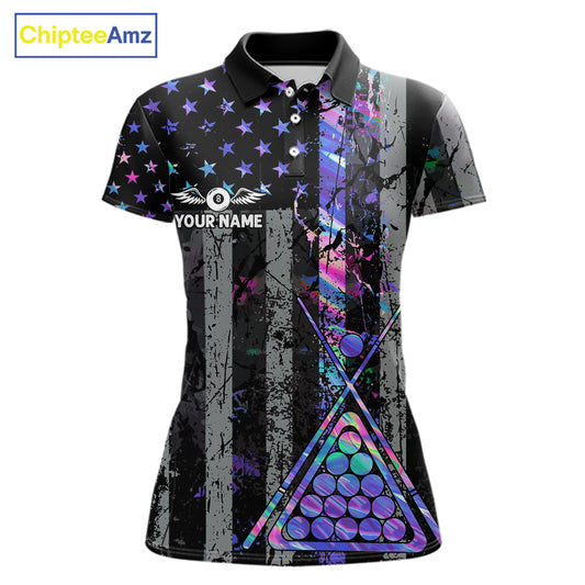 Custom Holographic Grunge US Flag Patriotic Billiard Shirt For Women Retro 8 Ball Pool Team Jersey TDM7810