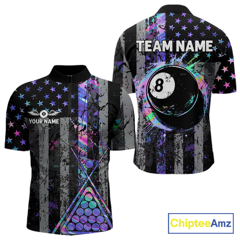 Custom Holographic Grunge US Flag Patriotic Billiard Shirt For Men Retro 8 Ball Pool Team Jersey TDM7810