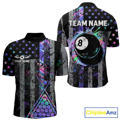 Custom Holographic Grunge US Flag Patriotic Billiard Shirt For Men Retro 8 Ball Pool Team Jersey TDM7810