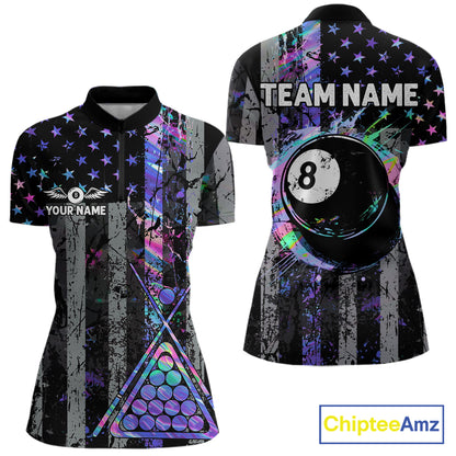 Custom Holographic Grunge US Flag Patriotic Billiard Shirt For Women Retro 8 Ball Pool Team Jersey TDM7810