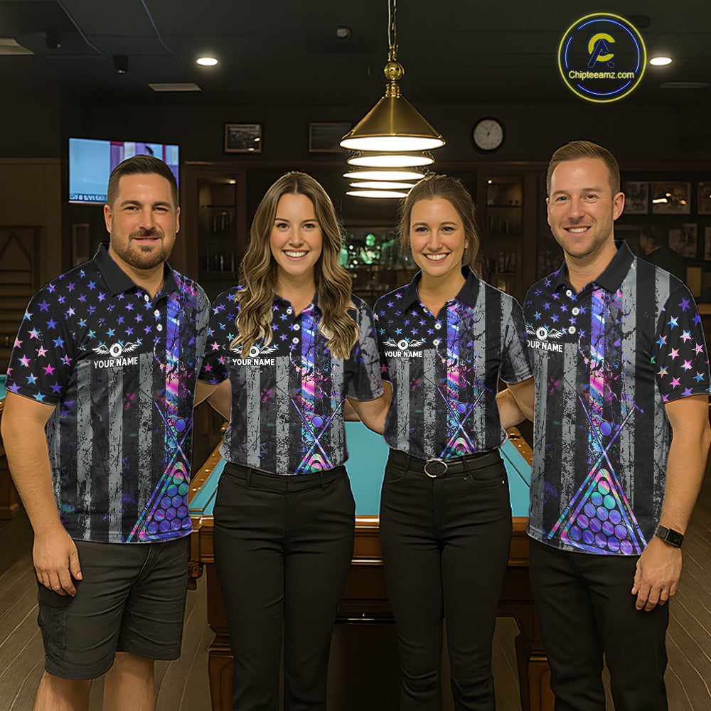 Custom Holographic Grunge US Flag Patriotic Billiard Shirt For Men Retro 8 Ball Pool Team Jersey TDM7810