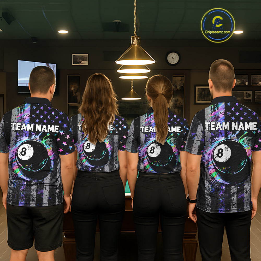 Custom Holographic Grunge US Flag Patriotic Billiard Shirt For Men Retro 8 Ball Pool Team Jersey TDM7810