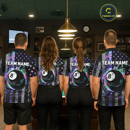 Custom Holographic Grunge US Flag Patriotic Billiard Shirt For Men Retro 8 Ball Pool Team Jersey TDM7810