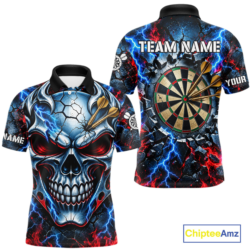 Lightning Blue And Red Custom Skull Darts Shirts For Men, Flame Darts Team Jersey Polo & 1/4 Zip TDM7814