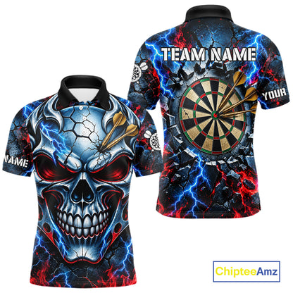 Lightning Blue And Red Custom Skull Darts Shirts For Men, Flame Darts Team Jersey Polo & 1/4 Zip TDM7814