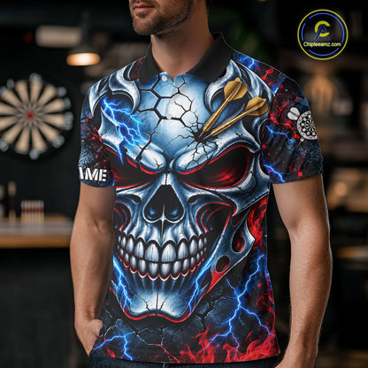 Lightning Blue And Red Custom Skull Darts Shirts For Men, Flame Darts Team Jersey Polo & 1/4 Zip TDM7814