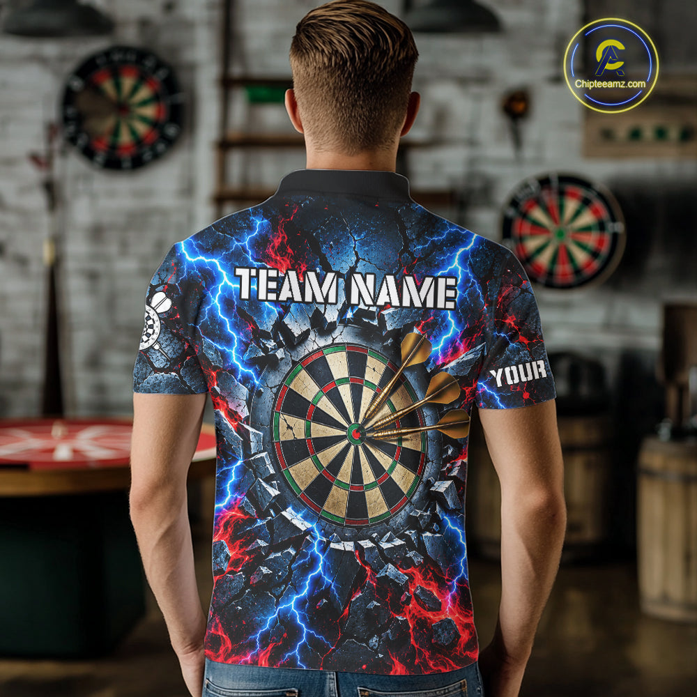 Lightning Blue And Red Custom Skull Darts Shirts For Men, Flame Darts Team Jersey Polo & 1/4 Zip TDM7814