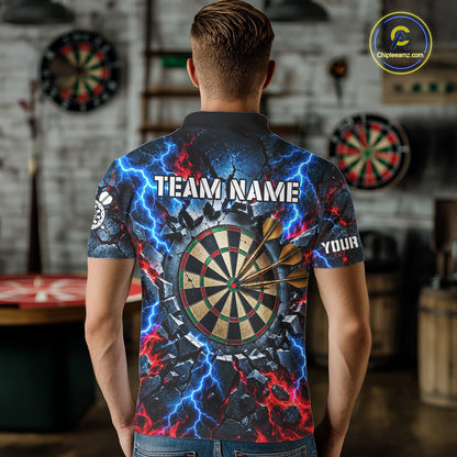 Lightning Blue And Red Custom Skull Darts Shirts For Men, Flame Darts Team Jersey Polo & 1/4 Zip TDM7814
