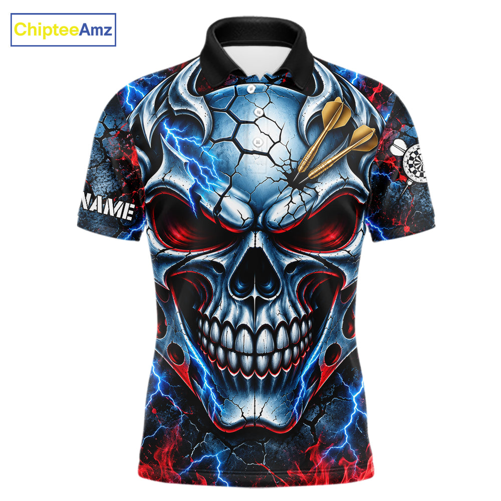 Lightning Blue And Red Custom Skull Darts Shirts For Men, Flame Darts Team Jersey Polo & 1/4 Zip TDM7814