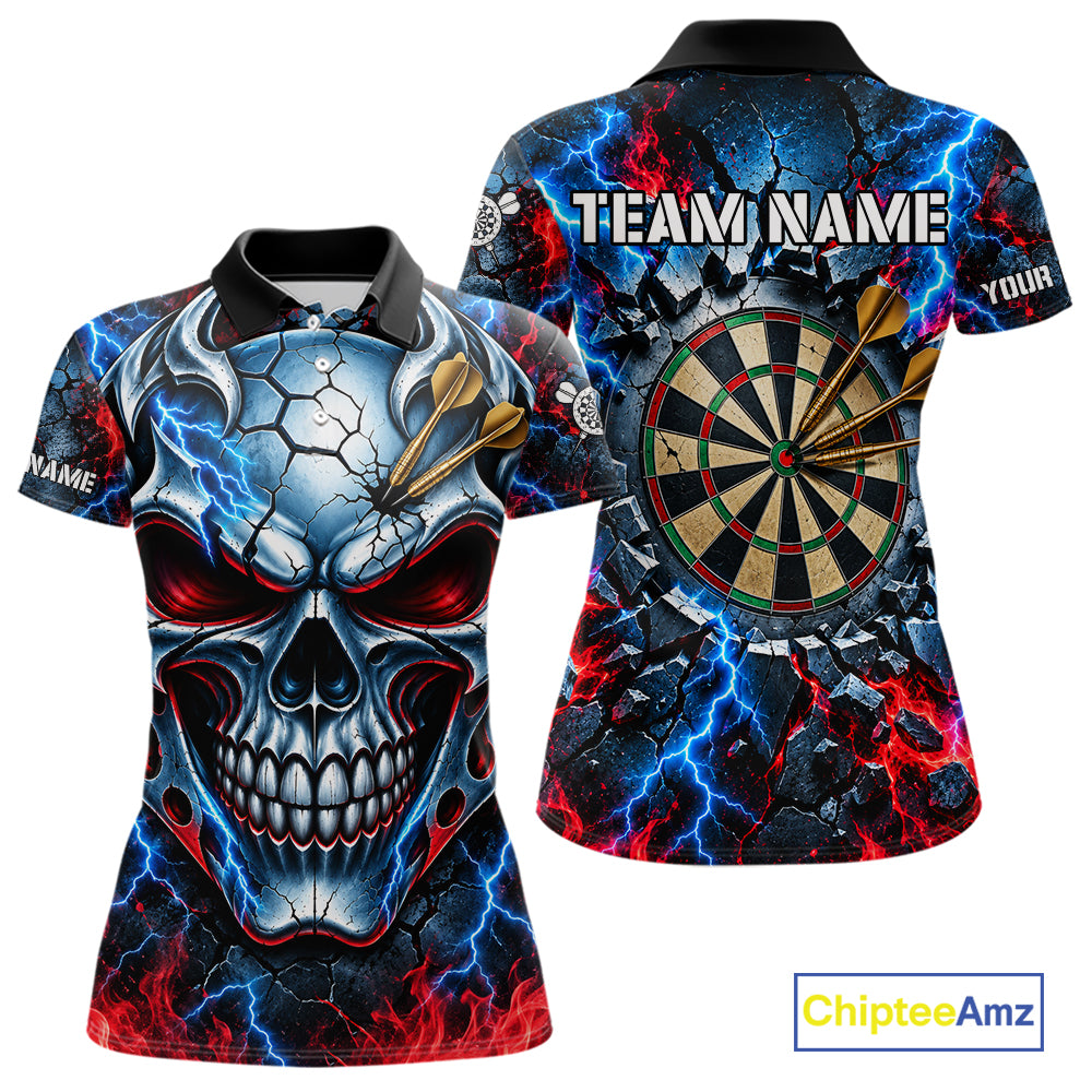 Lightning Blue And Red Custom Skull Darts Shirts For Women, Flame Darts Team Jersey Polo & 1/4 Zip TDM7814