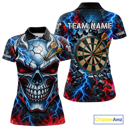Lightning Blue And Red Custom Skull Darts Shirts For Women, Flame Darts Team Jersey Polo & 1/4 Zip TDM7814