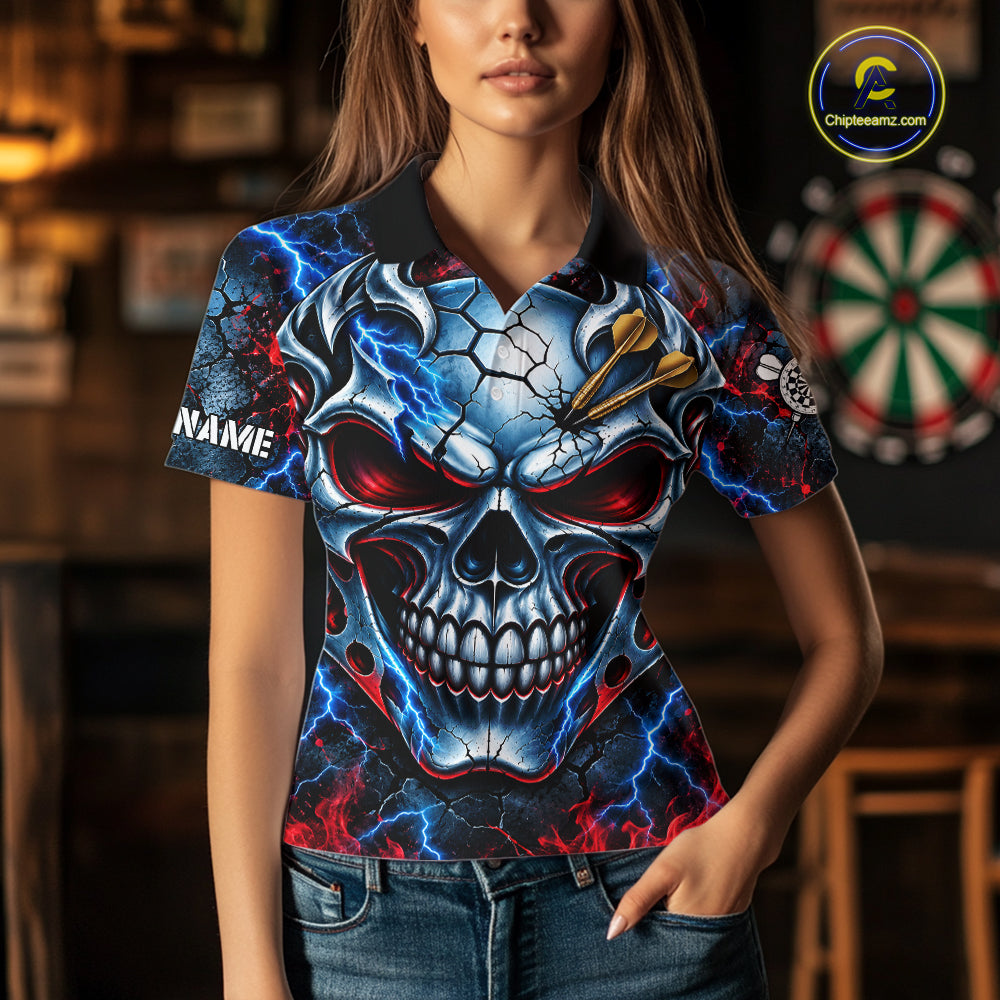 Lightning Blue And Red Custom Skull Darts Shirts For Women, Flame Darts Team Jersey Polo & 1/4 Zip TDM7814
