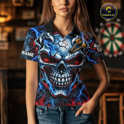 Lightning Blue And Red Custom Skull Darts Shirts For Women, Flame Darts Team Jersey Polo & 1/4 Zip TDM7814
