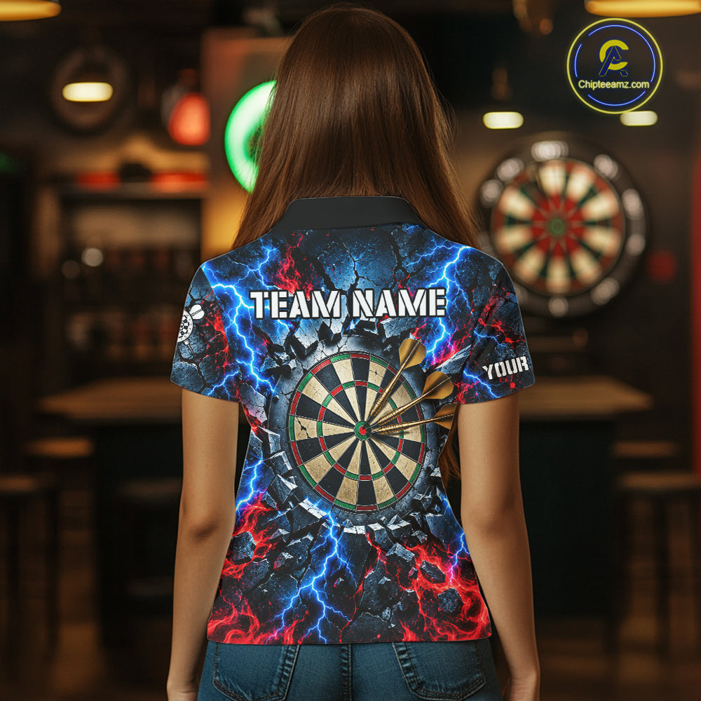 Lightning Blue And Red Custom Skull Darts Shirts For Women, Flame Darts Team Jersey Polo & 1/4 Zip TDM7814
