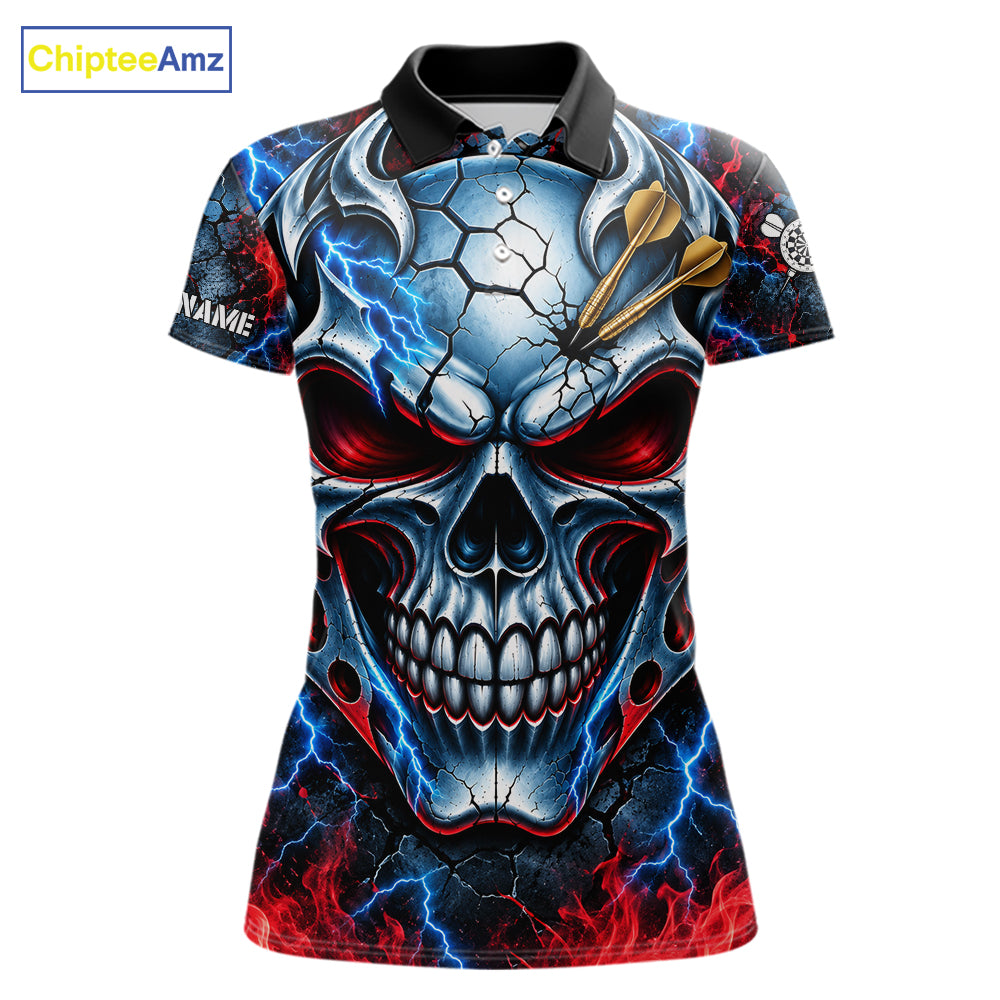 Lightning Blue And Red Custom Skull Darts Shirts For Women, Flame Darts Team Jersey Polo & 1/4 Zip TDM7814