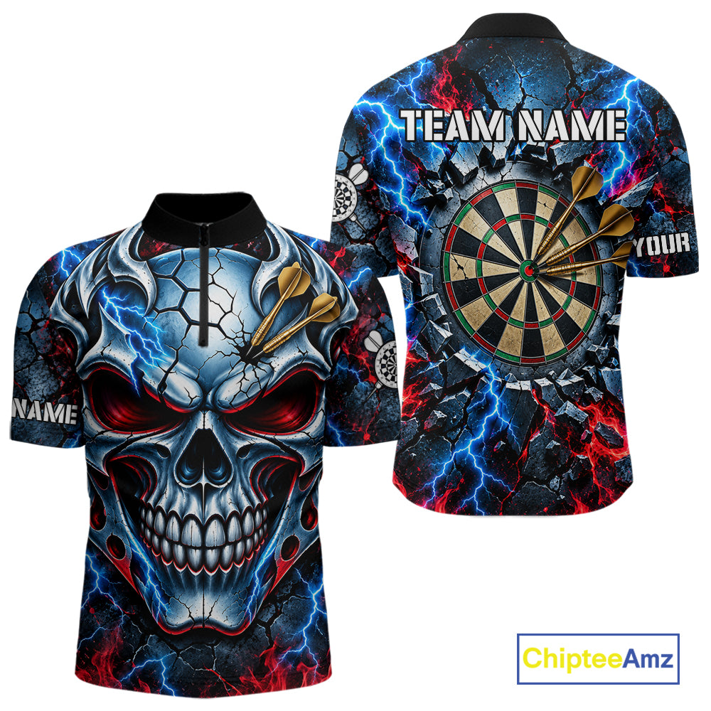 Lightning Blue And Red Custom Skull Darts Shirts For Men, Flame Darts Team Jersey Polo & 1/4 Zip TDM7814