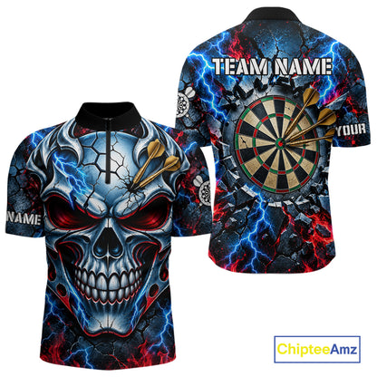 Lightning Blue And Red Custom Skull Darts Shirts For Men, Flame Darts Team Jersey Polo & 1/4 Zip TDM7814