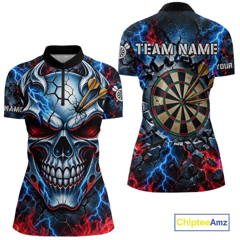Lightning Blue And Red Custom Skull Darts Shirts For Women, Flame Darts Team Jersey Polo & 1/4 Zip TDM7814