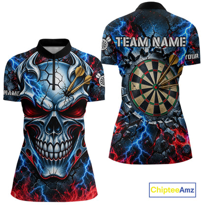 Lightning Blue And Red Custom Skull Darts Shirts For Women, Flame Darts Team Jersey Polo & 1/4 Zip TDM7814