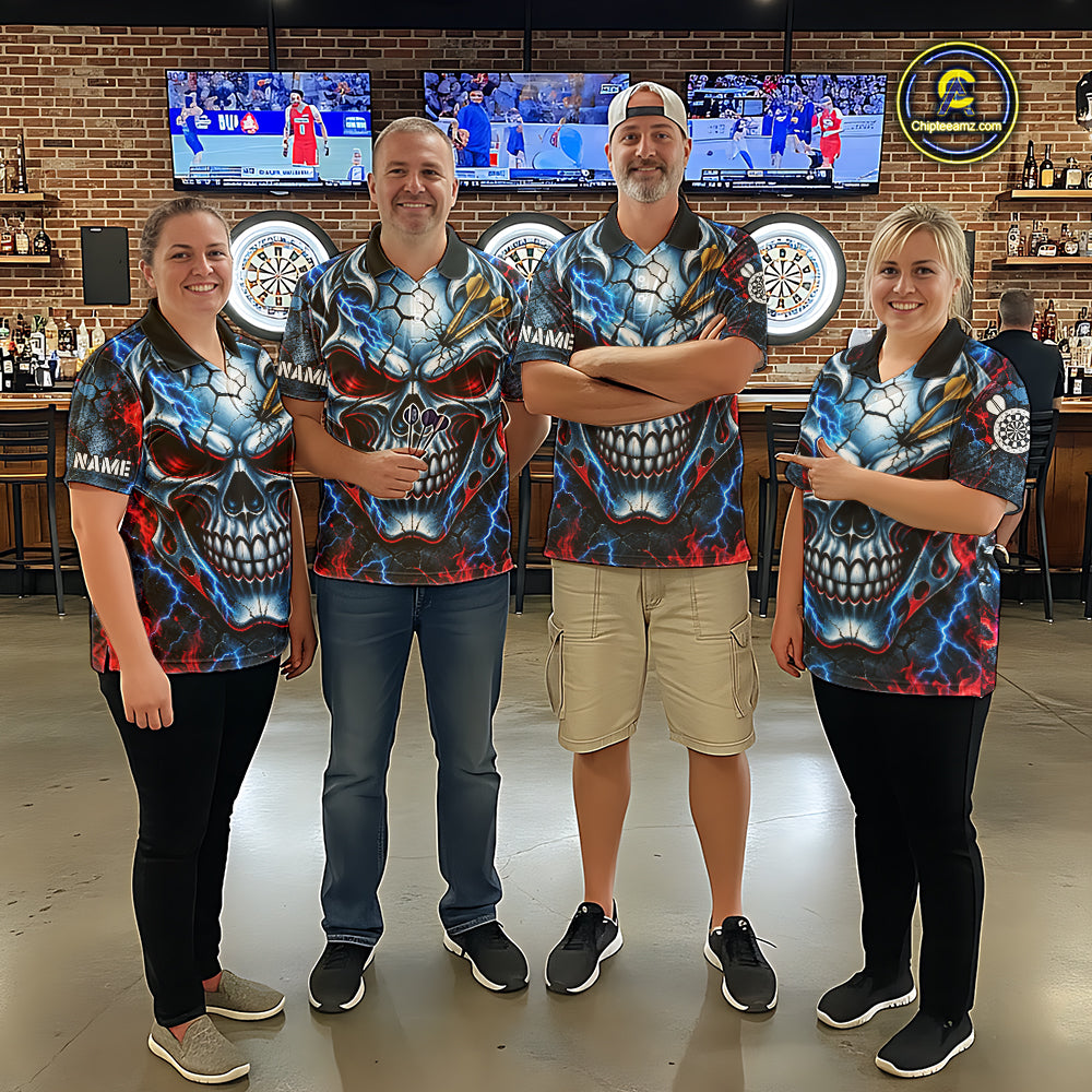 Lightning Blue And Red Custom Skull Darts Shirts For Men, Flame Darts Team Jersey Polo & 1/4 Zip TDM7814