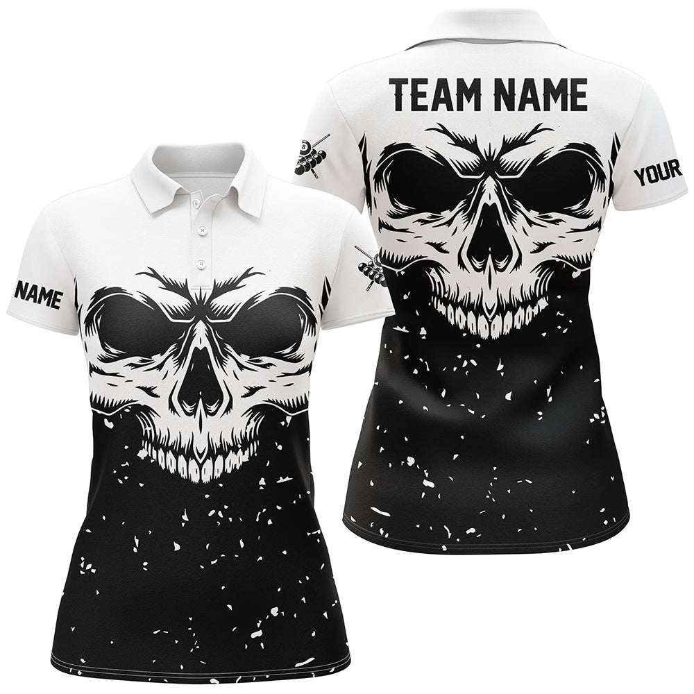 Custom Grunge Black White Skull Billiard Women Polo Shirts, 8 Ball Billiards Apparel Clothing TDM0704