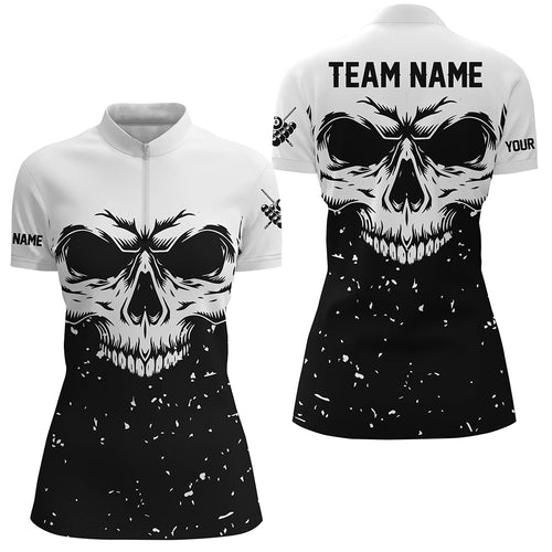 Custom Grunge Black White Skull Billiard Women Quarter-Zip Shirt, Billiards Apparel Clothing TDM0704
