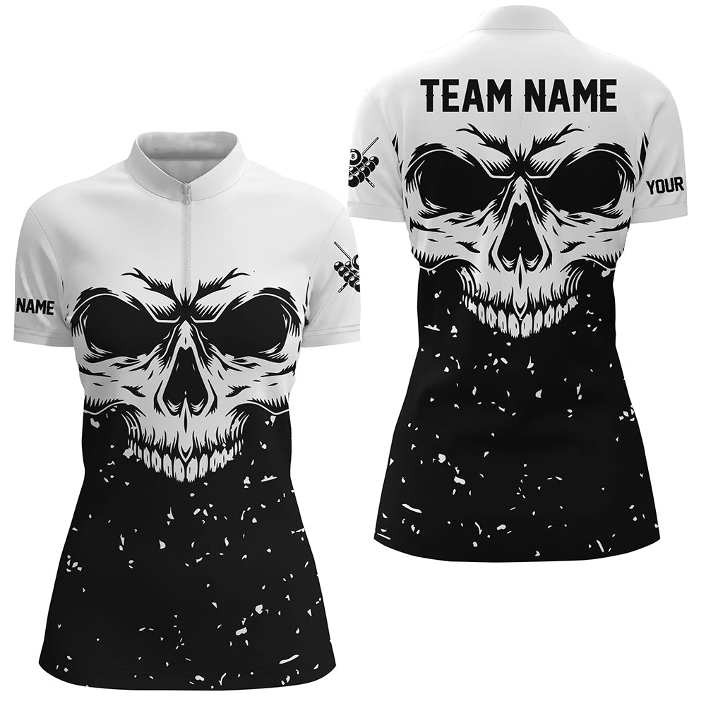 Custom Grunge Black White Skull Billiard Women Quarter-Zip Shirt, Billiards Apparel Clothing TDM0704