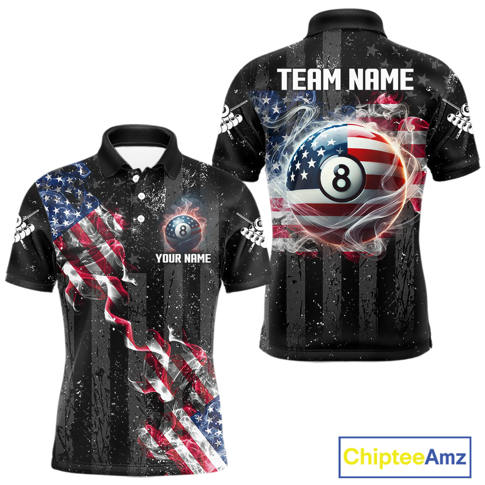 Custom US Flag Smoke 8 Ball Pool Billiard Shirt For Men, 3D Patriotic Billiard Team Jersey TDM5692