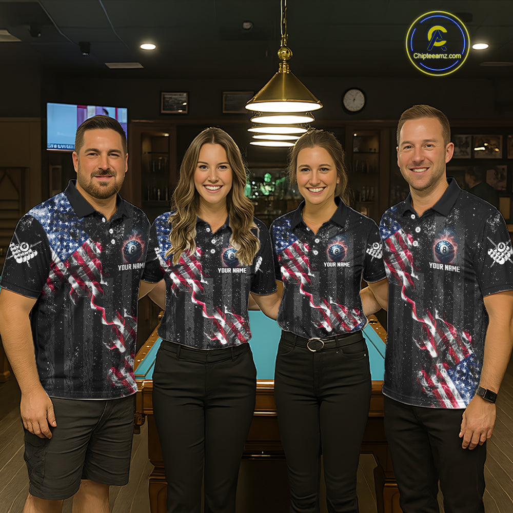 Custom US Flag Smoke 8 Ball Pool Billiard Shirt For Men, 3D Patriotic Billiard Team Jersey TDM5692
