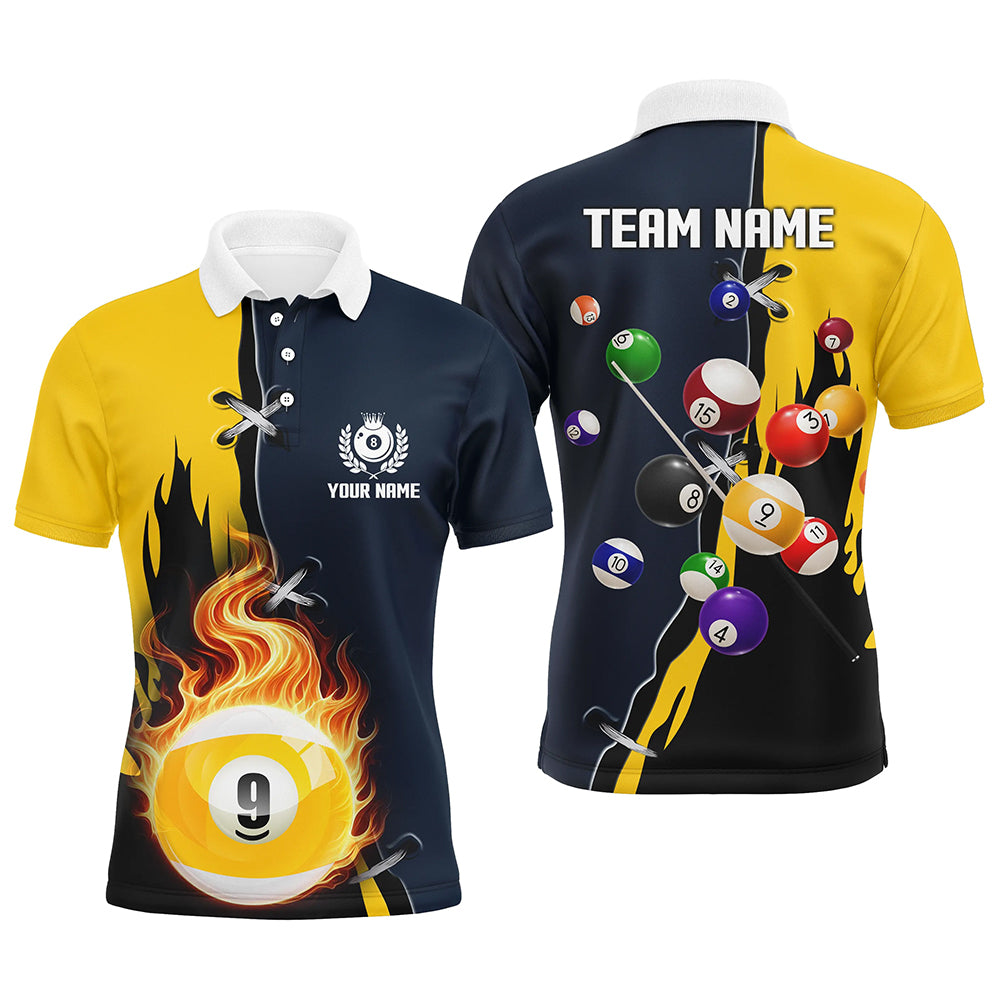 Personalized Yellow Navy 9 Ball Pool Jerseys Men Polo Shirts Custom Unique Billiard Balls Shirts TDM1081