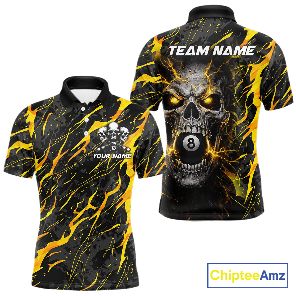 Yellow Black 8 Ball Skull Lightning Splash Billiard Shirt For Men Custom Pool Jersey Polo, 1/4 Zip TDM5892