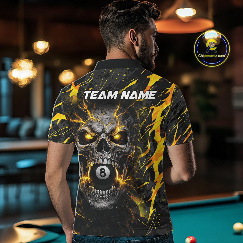 Yellow Black 8 Ball Skull Lightning Splash Billiard Shirt For Men Custom Pool Jersey Polo, 1/4 Zip TDM5892