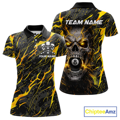 Yellow Black 8 Ball Skull Lightning Splash Billiard Shirt For Women Custom Pool Jersey Polo, 1/4 Zip TDM5892