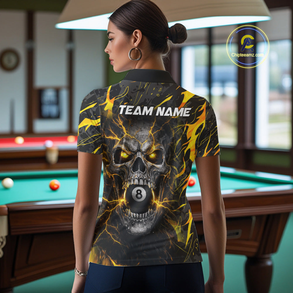 Yellow Black 8 Ball Skull Lightning Splash Billiard Shirt For Women Custom Pool Jersey Polo, 1/4 Zip TDM5892